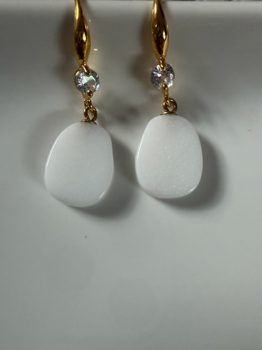 Gold Drop Earrings with White Stone and Clear Crystal Accent